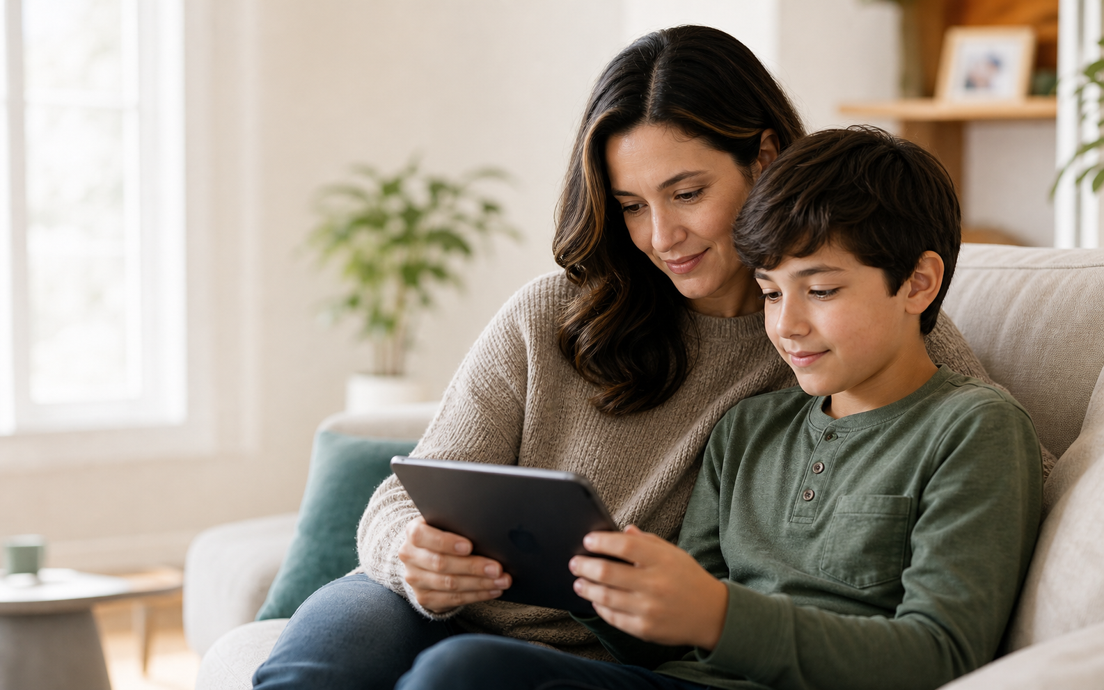 A family using a shared tablet in a calm home setting